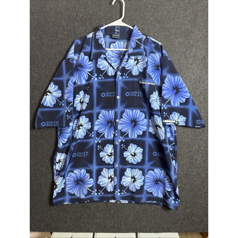 Southpole XL Hawaiian Shirt Blue Floral Aloha Y2K Streetwear Mens VTG Vibe